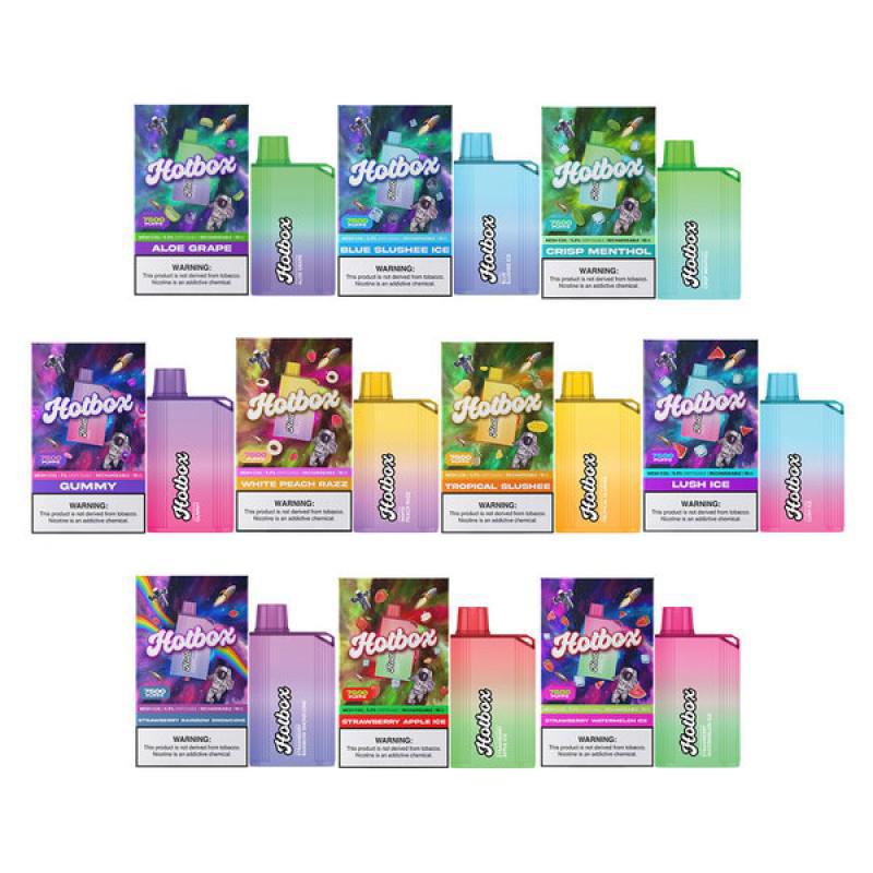 Hotbox 7500 Disposable vape flavors including Aloe Grape, Blue Slushie, and Gummy, showcasing vibrant packaging.