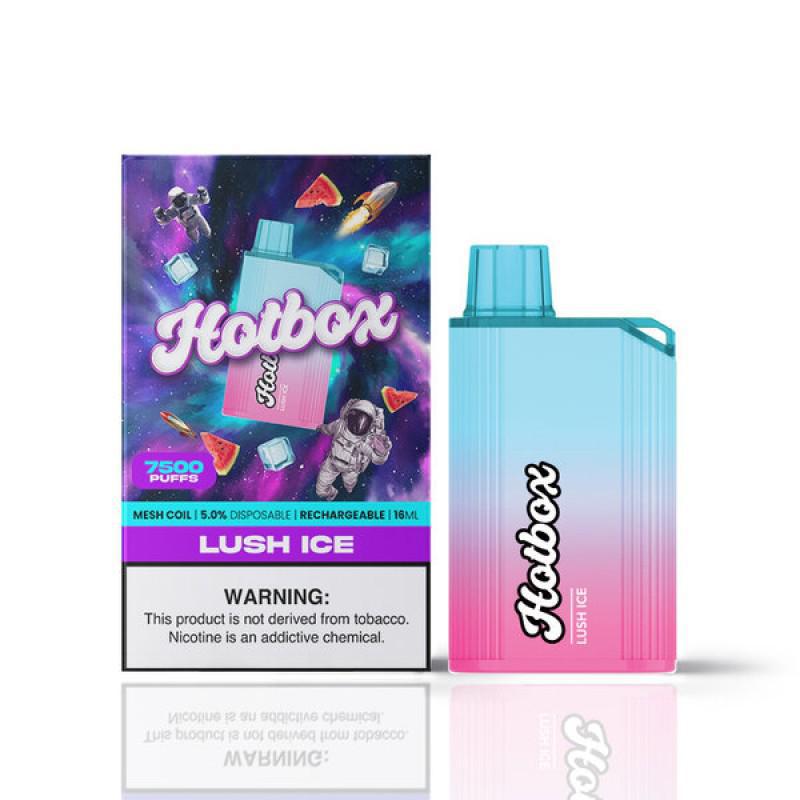 Hotbox 7500 Disposable Vape in Lush Ice flavor with stylish packaging and warning label on a colorful cosmic background.
