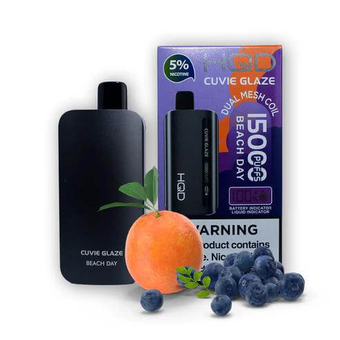 HQD Cuvie Glaze Beach Day disposable vape with 5% nicotine, offering 1500 puffs and a fruit flavor blend.
