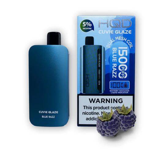 HQD Cuvie Glaze vape device with Blue Razz flavor, featuring a 5% nicotine strength and packaging warning.