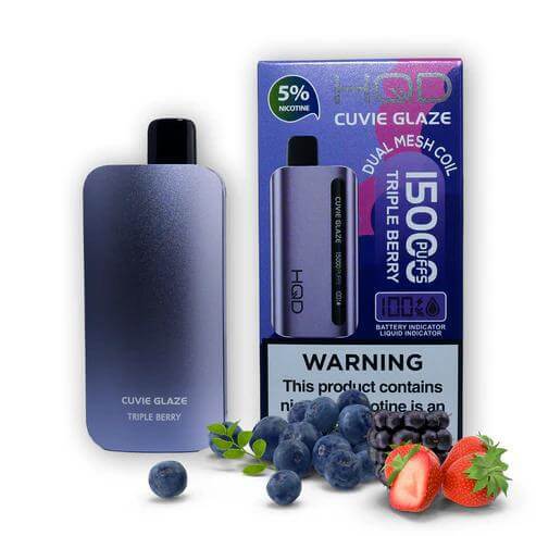 HQD Cuvie Glaze disposable vape with Triple Berry flavor, showing device and warning label with berries.