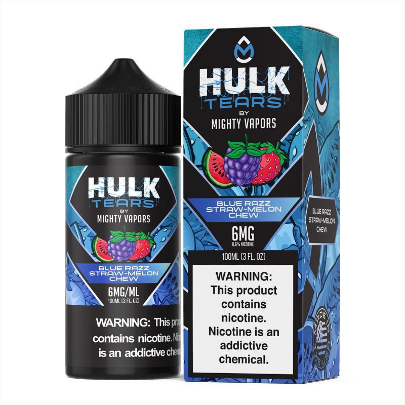 Hulk Tears 100ml e-liquid by Mighty Vapors featuring blue razz and straw-melon flavor with warning label.