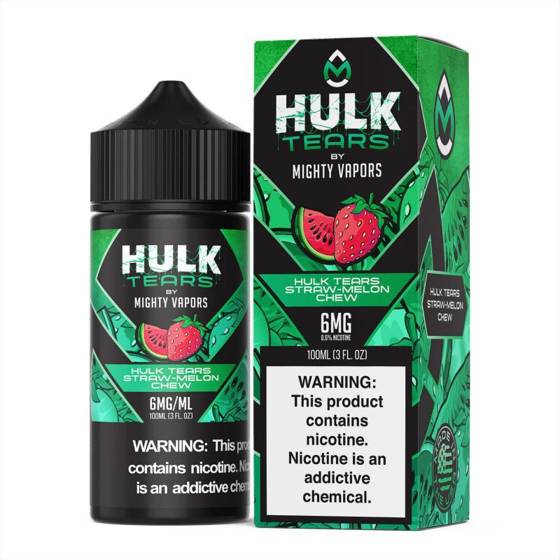 Hulk Tears 100ml e-liquid bottle and packaging featuring vibrant fruit-themed design.