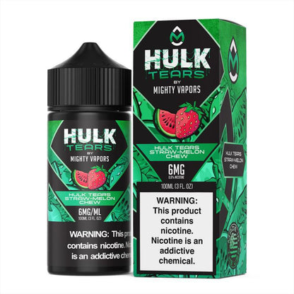 Hulk Tears 100ml e-liquid bottle and packaging featuring vibrant fruit-themed design.