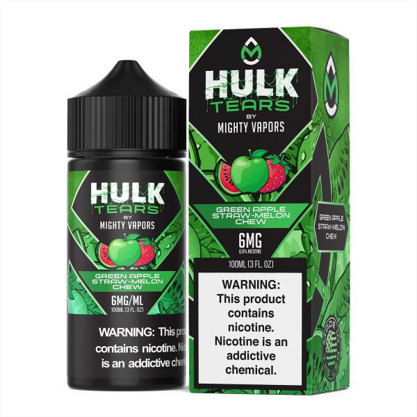 Hulk Tears 100ml e-liquid bottle and packaging featuring green apple and strawberry flavors.