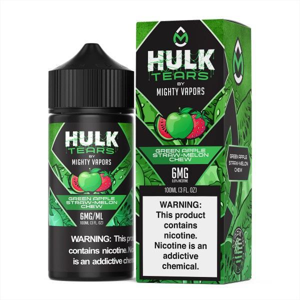 Hulk Tears 100ml e-liquid bottle and box featuring green apple and strawberry flavors, designed for flavor and cloud chasing.