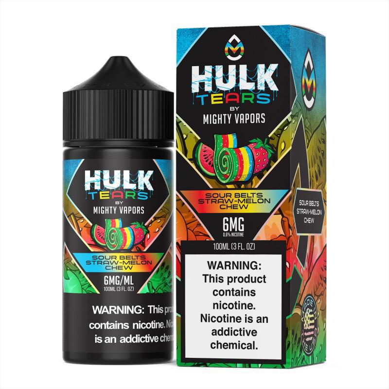 Hulk Tears 100ml e-liquid bottle and packaging featuring sour watermelon flavor and warning label.
