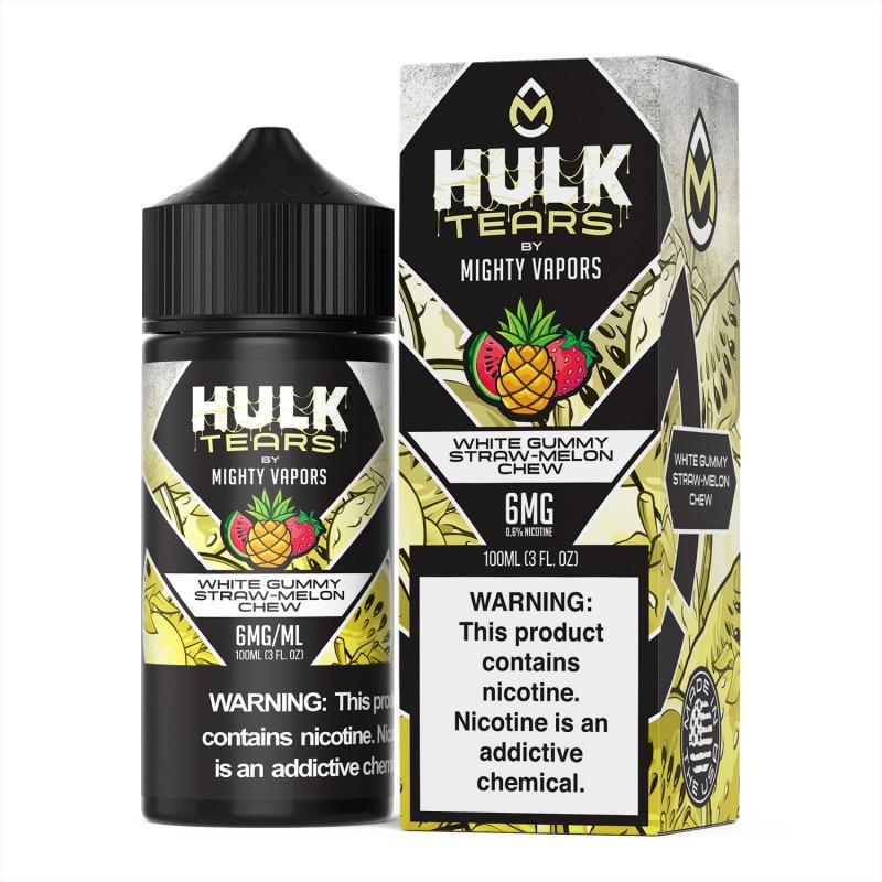 Hulk Tears 100ml e-liquid by Mighty Vapors, featuring a vibrant design and flavor mix of white gummy and strawberry watermelon.