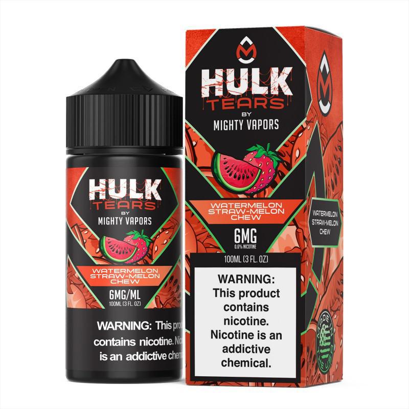 Hulk Tears 100ml e-liquid bottle and packaging featuring watermelon and berry flavors, designed for intense vaping experience.