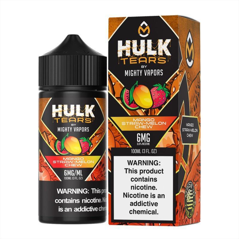 Hulk Tears 100ml e-liquid bottle featuring mango and strawberry flavors, warning label, and bold design.