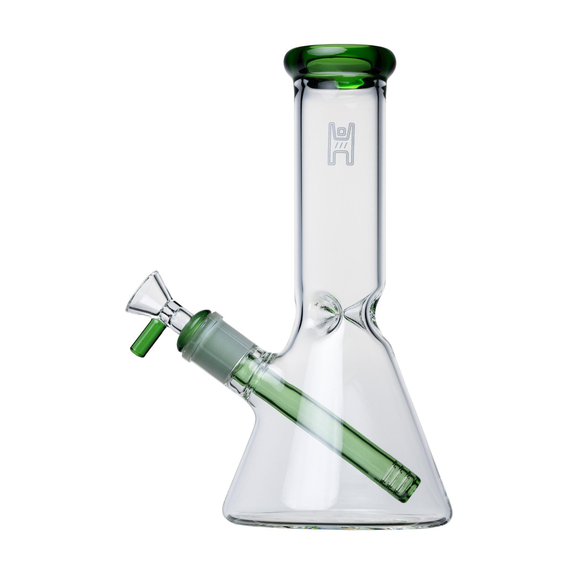 Human Grade 9" Beaker, 9 inches tall, handcrafted borosilicate glass, features 14mm female joint and green accents.