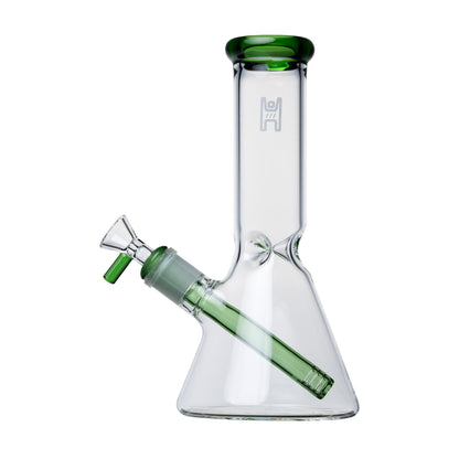 Human Grade 9" Beaker, 9 inches tall, handcrafted borosilicate glass, features 14mm female joint and green accents.