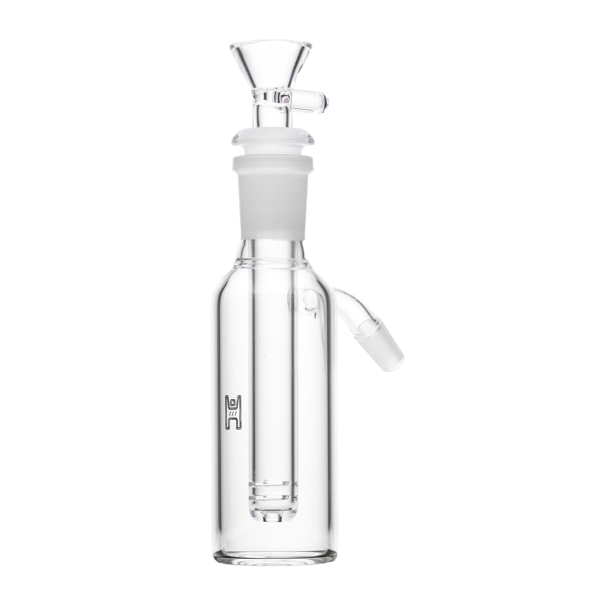 Human Grade Tube Ash Catcher 14mm, clear glass design, 4.7 inches tall, compatible with tube-style water pipes.