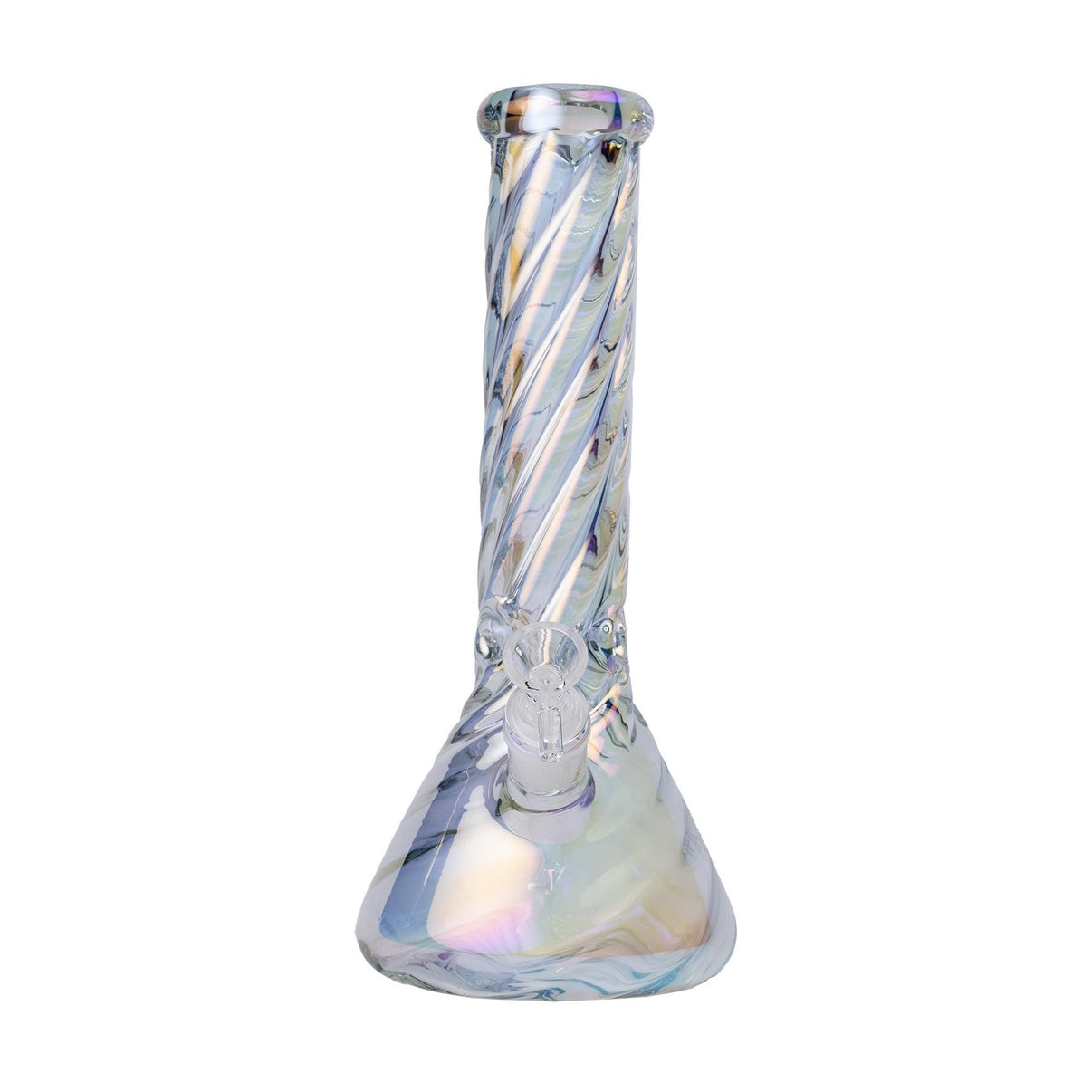 Human Grade Twisted Iridescent Beaker  9" and 12" with a durable borosilicate glass design and twisted tube.