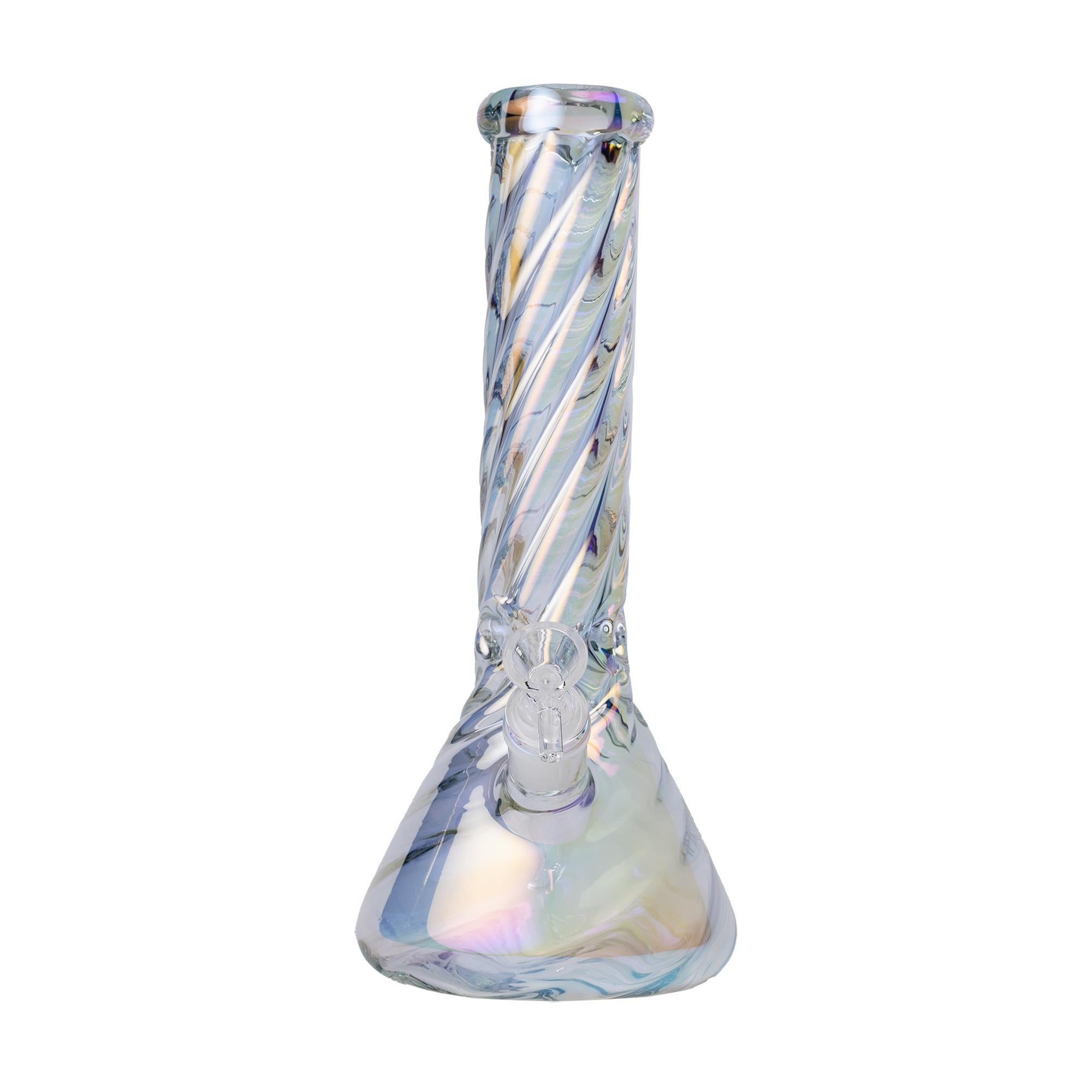 Human Grade Twisted Iridescent Beaker  9" and 12" with a durable borosilicate glass design and twisted tube.