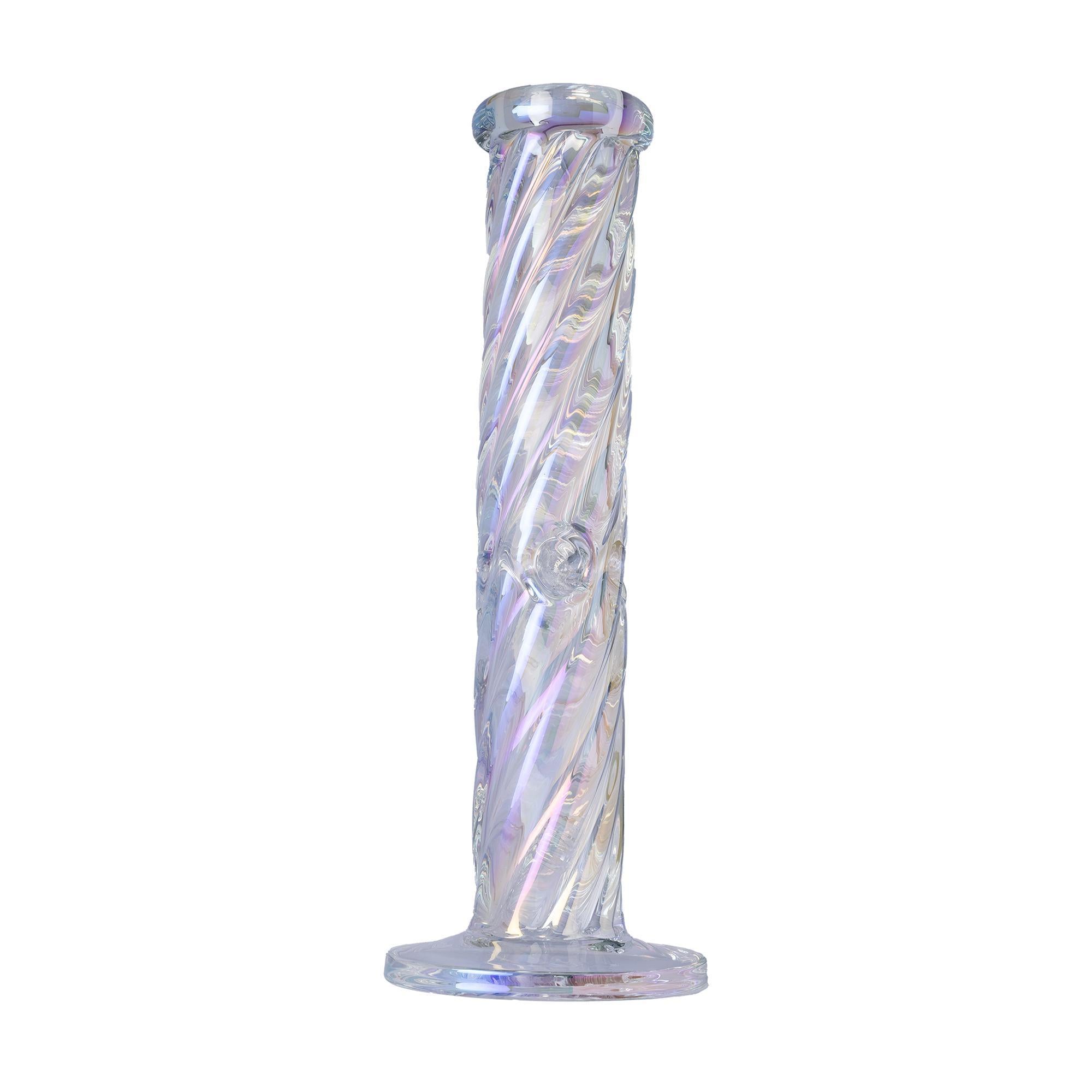 Human Grade Twisted Iridescent Tube 9" - handmade borosilicate glass water pipe with a twisted design and iridescent finish.