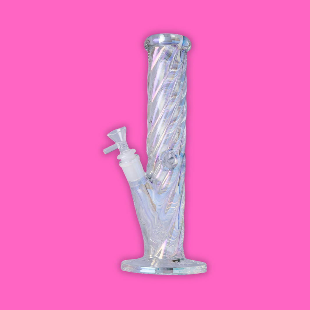 Human Grade Twisted Iridescent Tube 9" Water Pipe with twisted design and electroplated finish on a pink background.