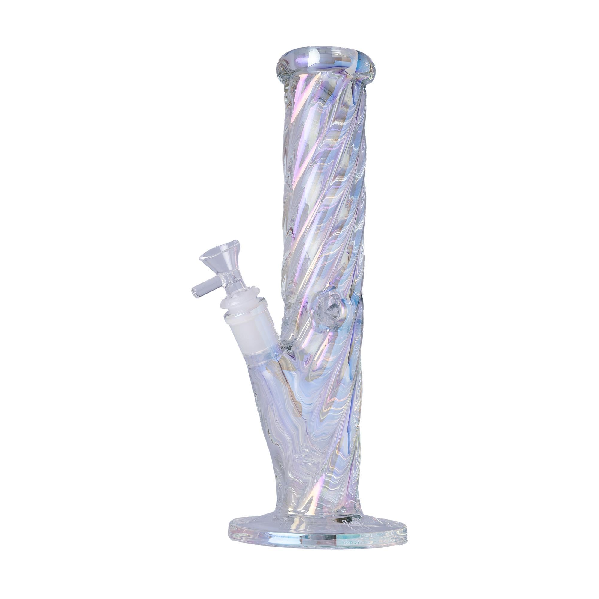 Human Grade Twisted Iridescent Tube 9" water pipe with a twisted design and electroplated iridescent finish.