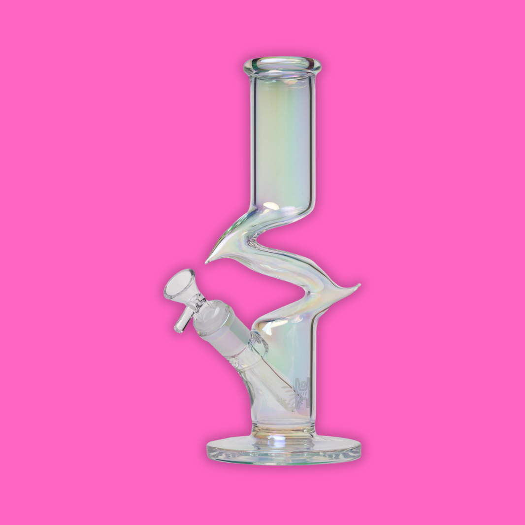 Human Grade Iridescent Zing water pipe with Z-shaped design and iridescent finish, crafted from borosilicate glass.