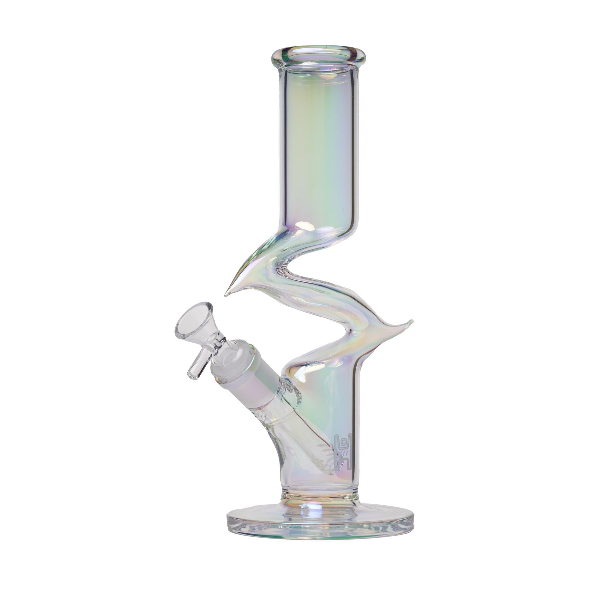 Human Grade Iridescent Zing water pipe with Z-shaped design and iridescent finish, made from borosilicate glass.