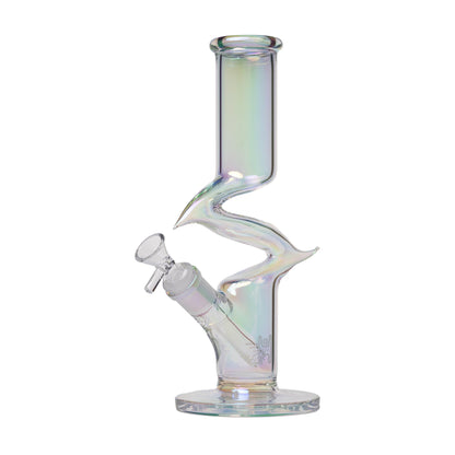 Human Grade Iridescent Zing water pipe with Z-shaped design and iridescent finish, made from borosilicate glass.