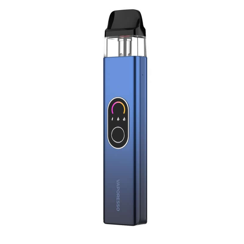 Vaporesso XROS 4 vape device in blue with top-filling 3mL pod and pulse mode display.