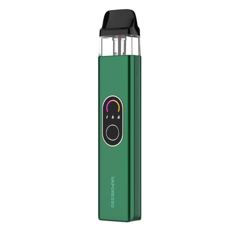 Vaporesso XROS 4 in green showcasing COREX 2.0 technology, vibrant display, and top-filling pod system.