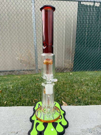Import 8 Arm To 8 Arm Straight Tube 18mm 90° shown in amber color with dual percolators for smooth hits.