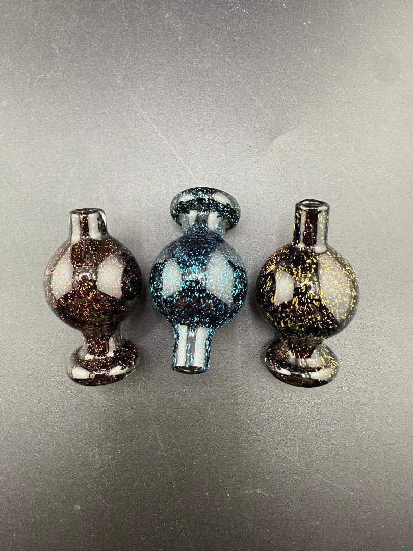 Import Bubble Cap 25mm - Dichro in red, blue, and gold featuring sparkling accents for smooth airflow.