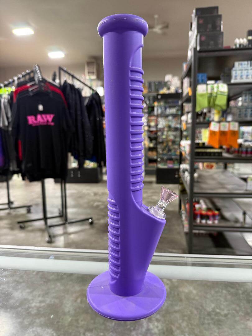 Import Flower Straight Tube  - Purple 14" 14mm 45° Silicone displayed in a retail setting.