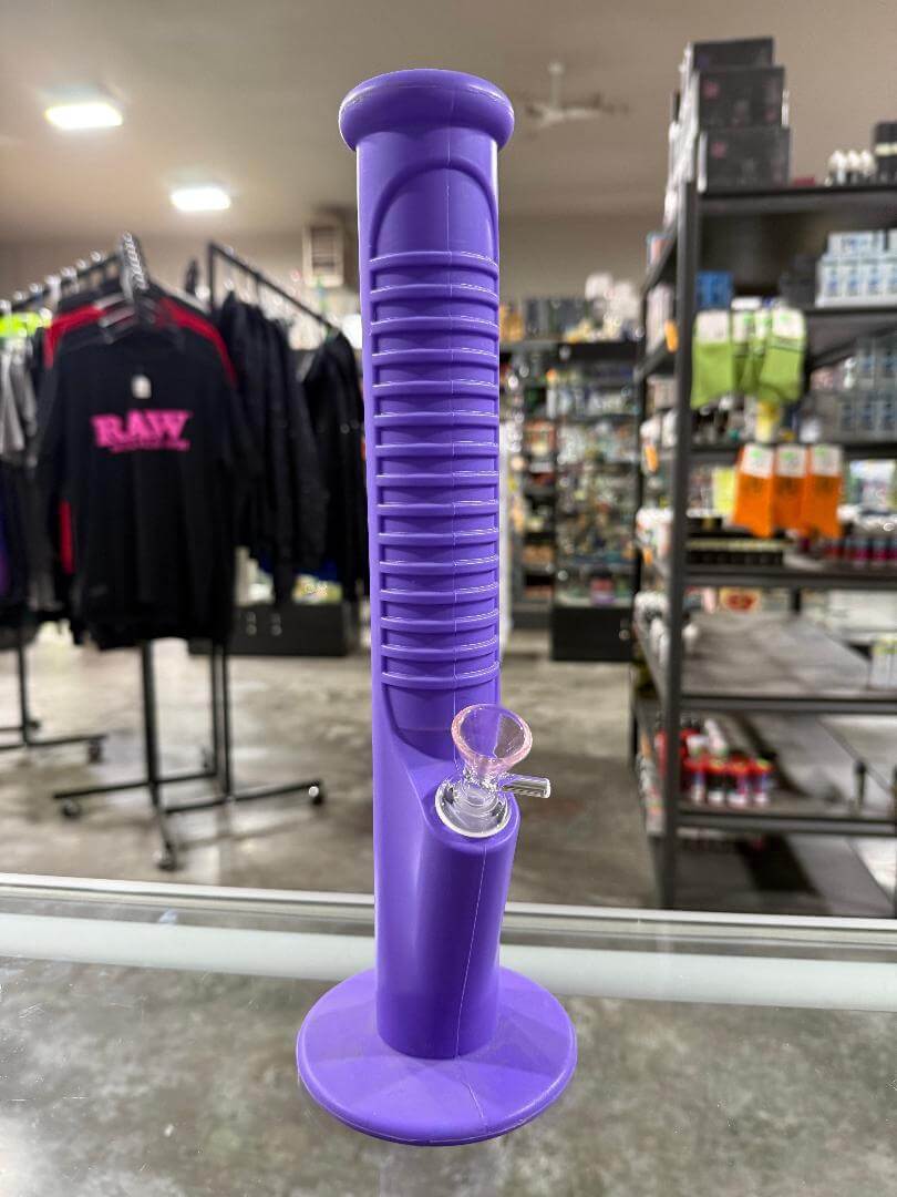 Import Flower Straight Tube  - Purple 14" 14mm 45° Silicone displayed in a store, featuring a vibrant purple design.