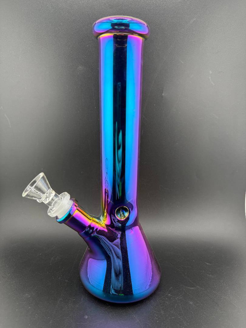 Import Glass 10" Electroplated Beaker 14mm 45° in stunning iridescent colors.