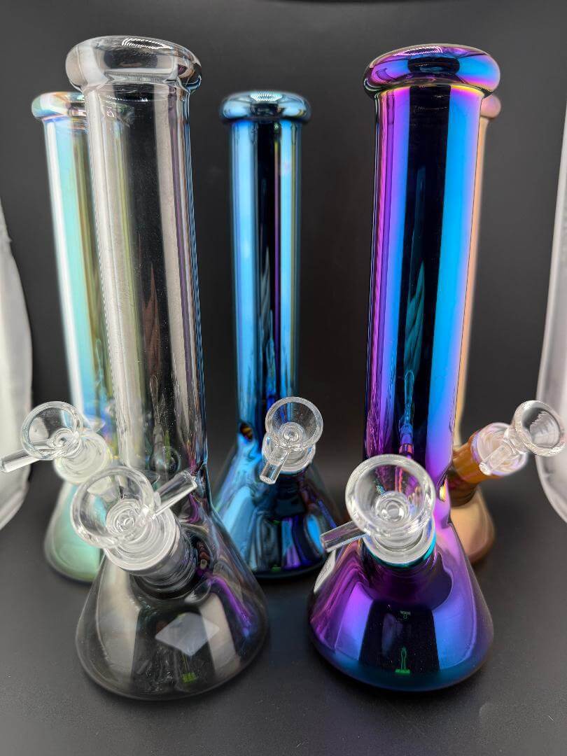Import Glass 10" Electroplated Beaker 14mm 45° in multiple colors including Opal Blue, Orange, and Smoke.