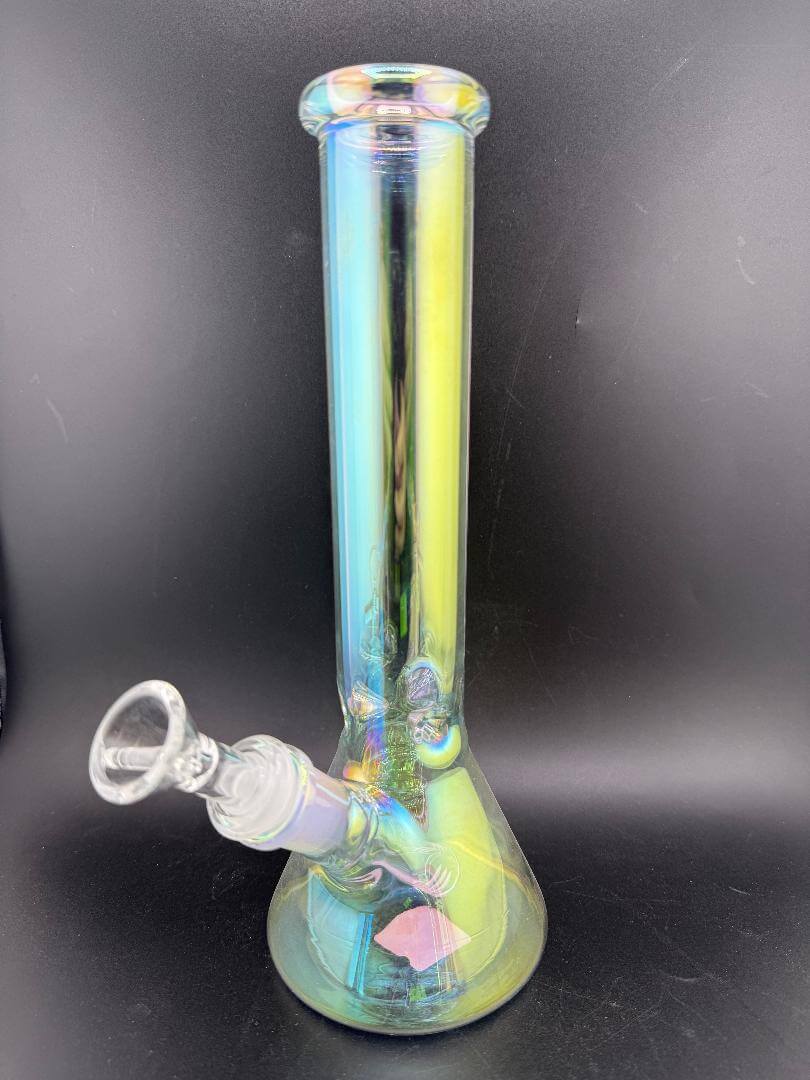 Import Glass 10" Electroplated Beaker 14mm 45° with iridescent finish and clear joint.