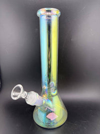 Import Glass 10" Electroplated Beaker 14mm 45° with iridescent finish and clear joint.
