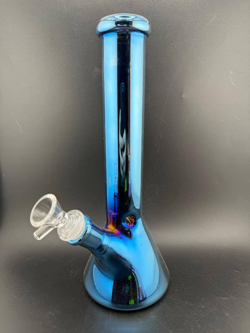 Import Glass 10" Electroplated Beaker 14mm 45° in Opal Blue color showcasing sleek design and functionality.