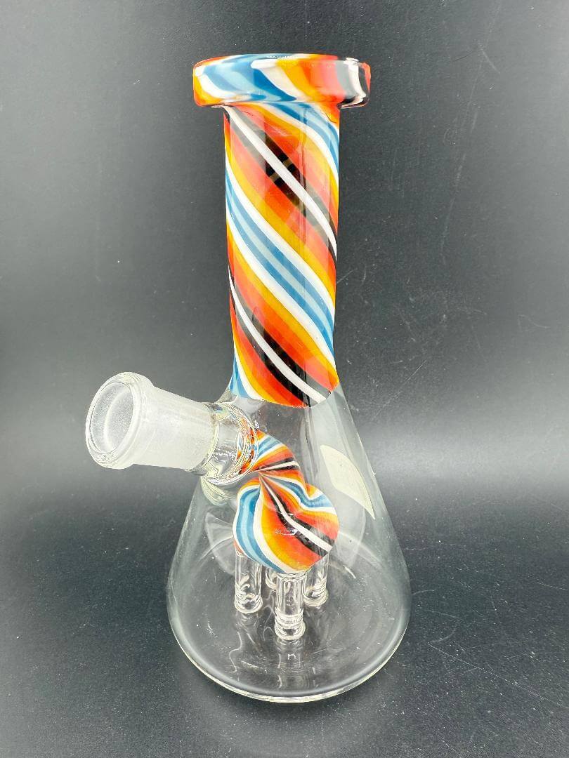 Import Glass 6" Swirl Neck Tree Perk Rig 14mm 45° with vibrant striped design and tree percolator for smooth hits.