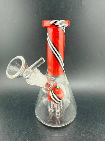 Import Glass 6" Swirl Neck Tree Perk Rig 14mm 45° with vibrant red and black design, perfect for smooth hits.