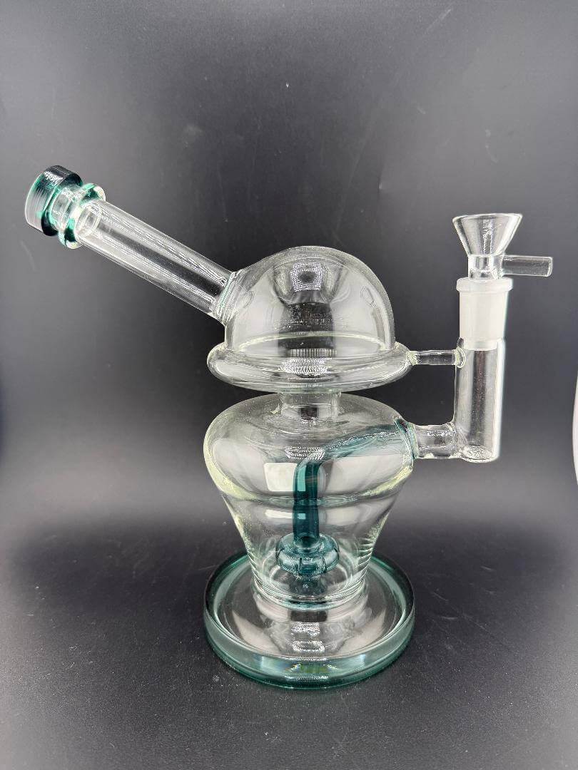 Import Glass Disk Perk Globe Rig 14mm 90° with unique globe design and disk percolator for smooth hits.