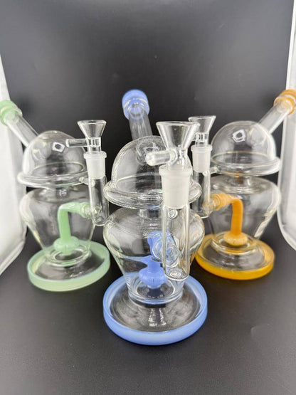 Import Glass Disk Perk Globe Rig 14mm 90° - available in Jade, Blue & Amber, featuring disk percolator design.