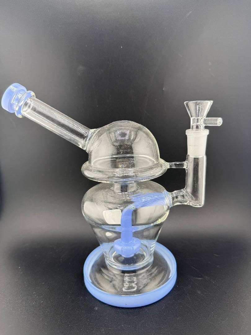 Import Glass Disk Perk Globe Rig 14mm 90° in clear glass with blue accents for smooth and clean hits.