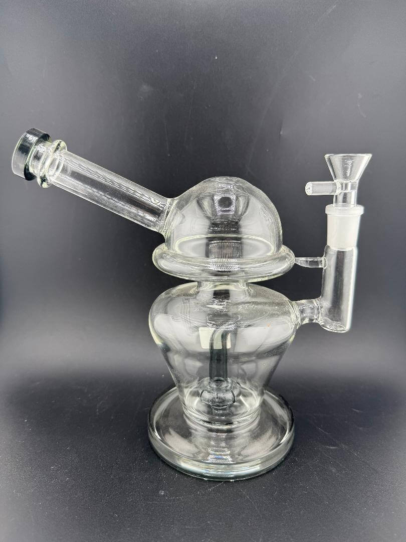Import Glass Disk Perk Globe Rig 14mm 90° with unique globe design and disk percolator for superior filtration.