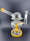 Import Glass Disk Perk Globe Rig 14mm 90° in clear glass with orange accents, featuring a globe design and disk percolator.