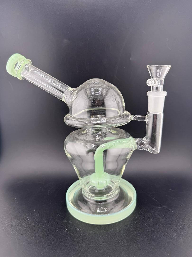 Import Glass Disk Perk Globe Rig 14mm 90° in jade color design with disc percolator for smooth hits.
