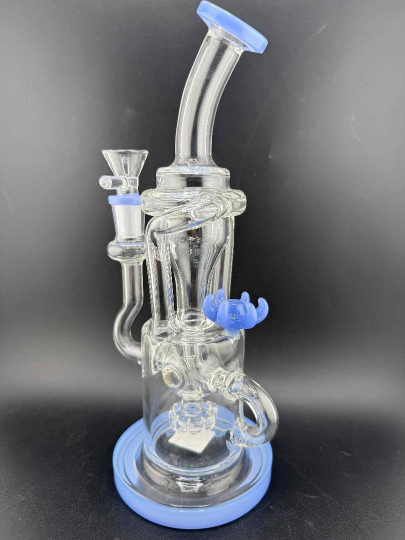 Import Glass Disk Perk Recycler 14mm 90° in clear glass with blue accents, designed for smooth, flavorful hits.