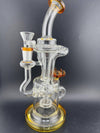 Import Glass Disk Perk Recycler 14mm 90° in clear glass with amber accents, designed for smooth and flavorful hits.