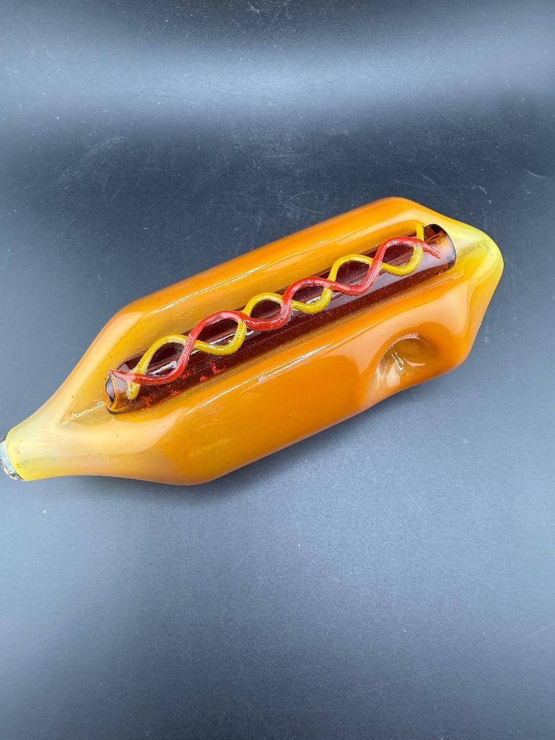 Import Glass Hand Pipe - Hotdog w/ Ketchup & Mustard, colorful borosilicate glass design, perfect for collectors.