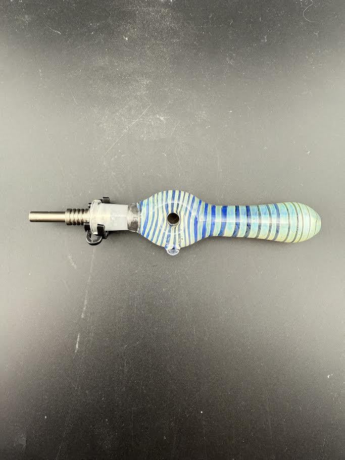 Import Glass Nectar Collector w/ Titanium Tip with blue and green stripes, ideal for efficient concentrate use.