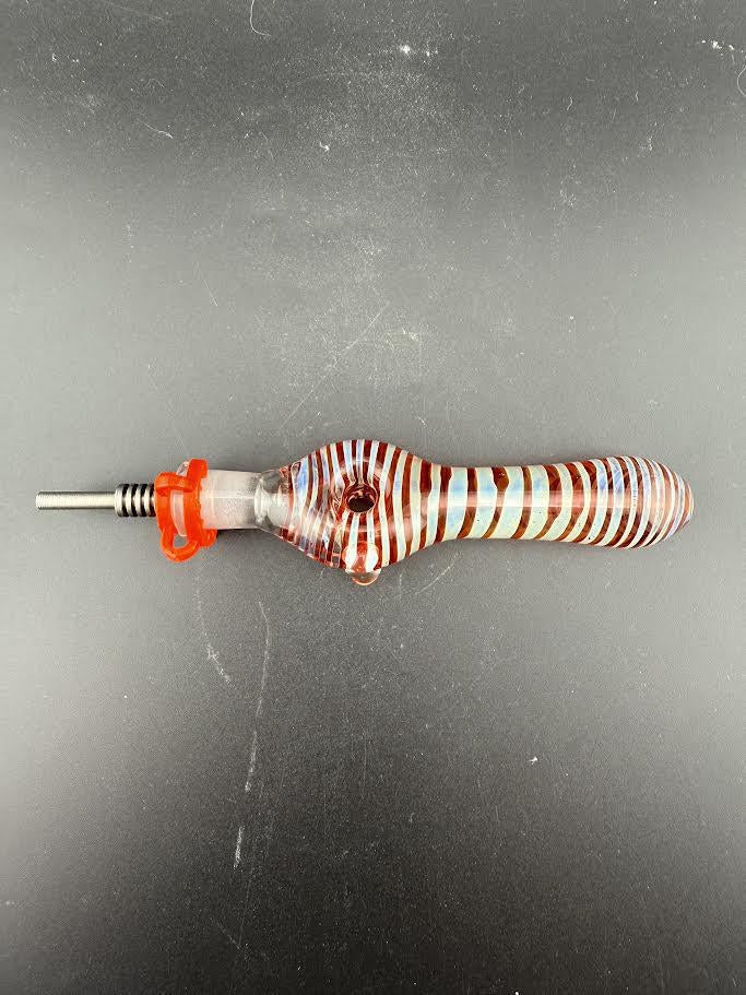 Import Glass Nectar Collector w/ Titanium Tip featuring a colorful, striped design for efficient concentrate use.