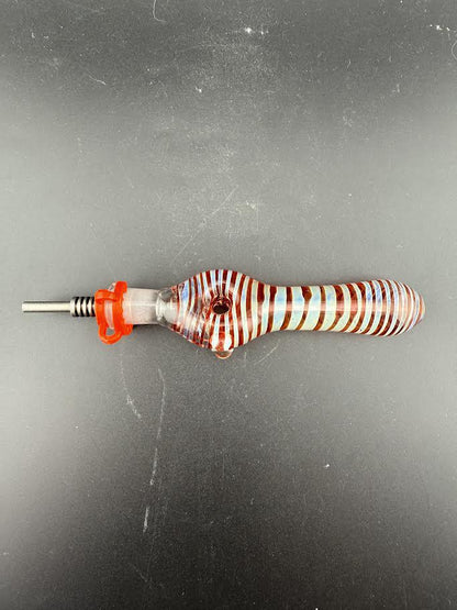 Import Glass Nectar Collector w/ Titanium Tip featuring a colorful, striped design for efficient concentrate use.